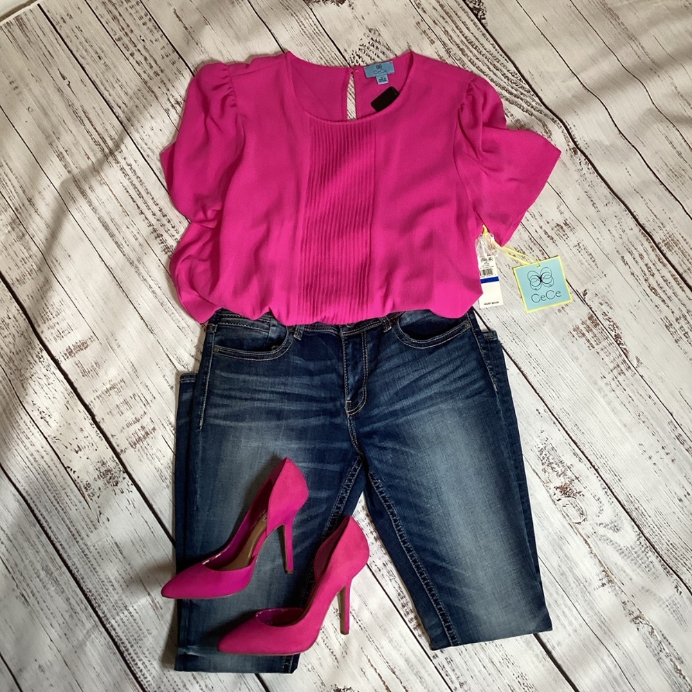 442. CeCe Hot Pink Short Sleeve Blouse NWT Size XL - Picture 2 of 6